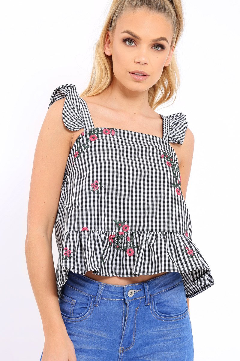 Black Gingham Floral Embroidered Frill Top - Zelida