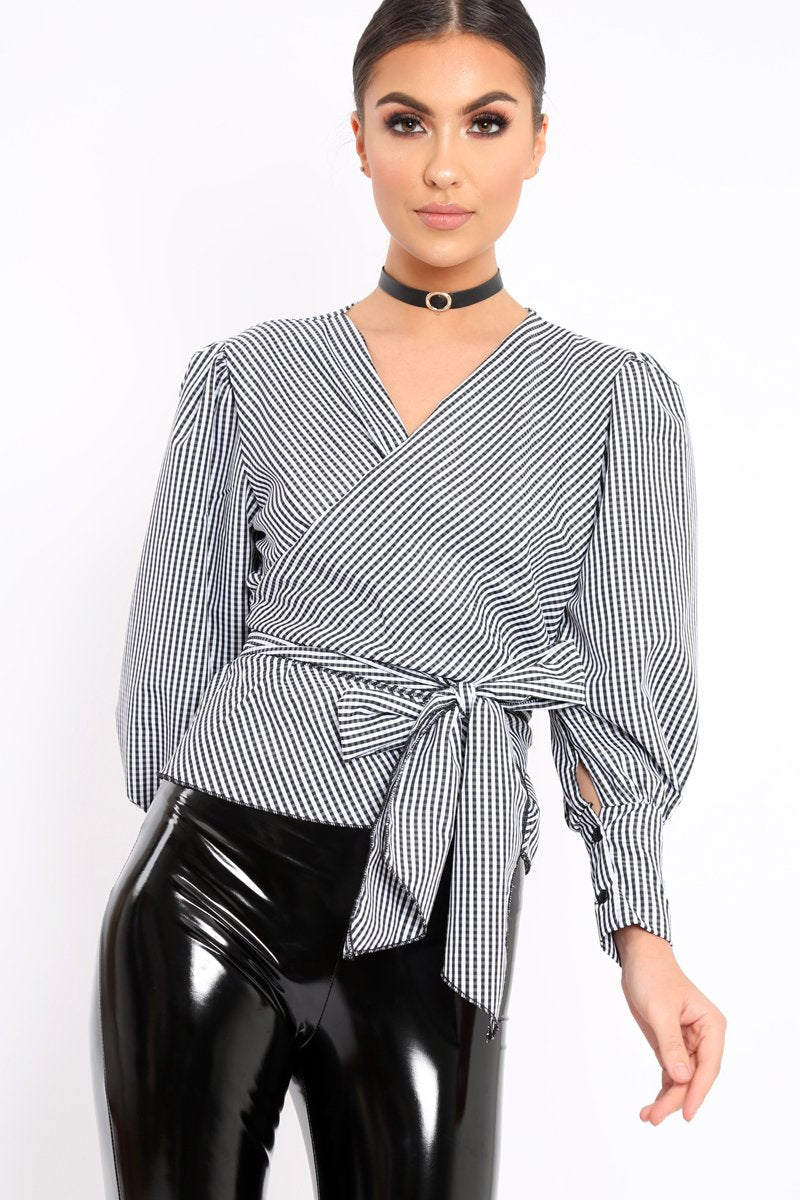 Black Gingham Wrap Front Top - Gloria