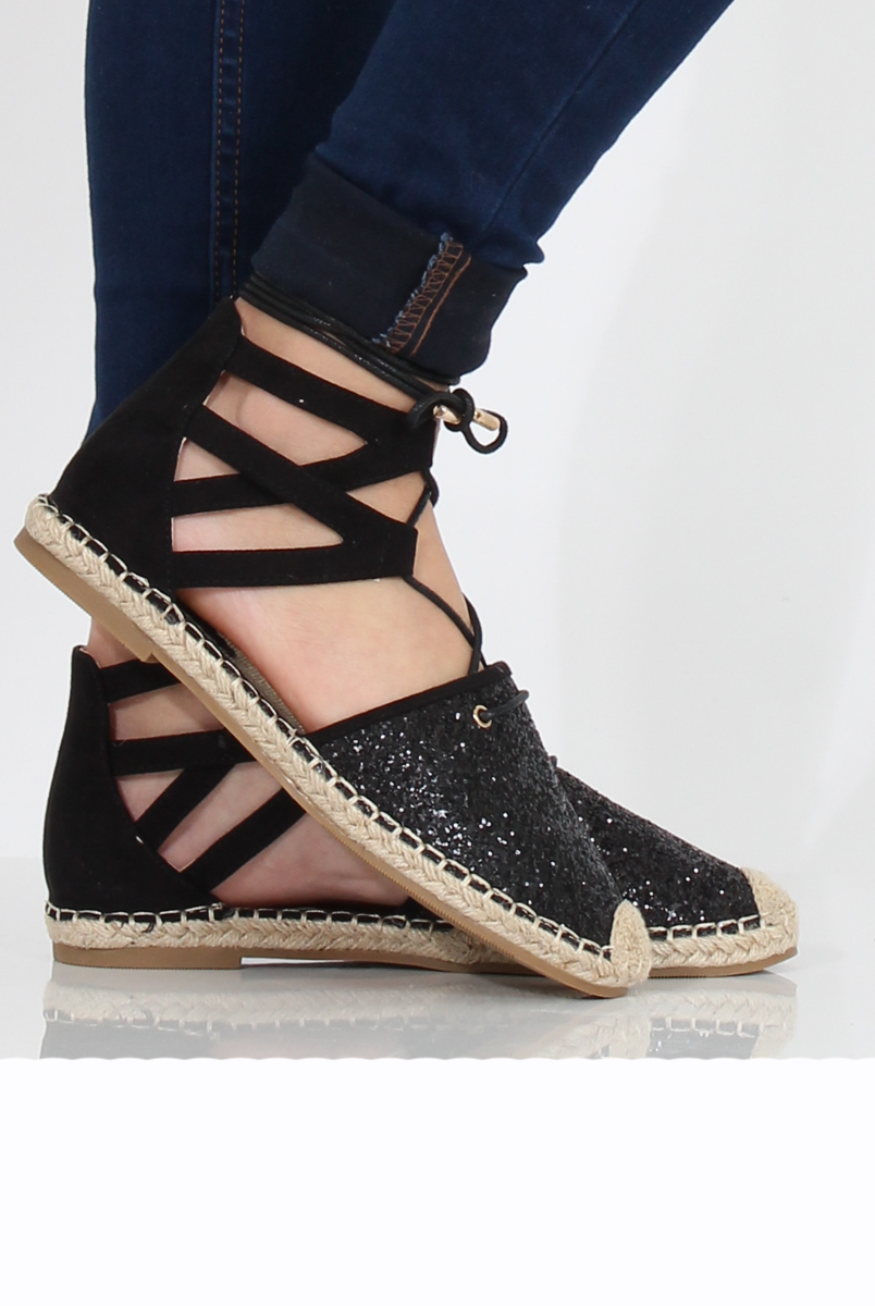 Black Glitter Lace Up Espadrilles - Bonnie