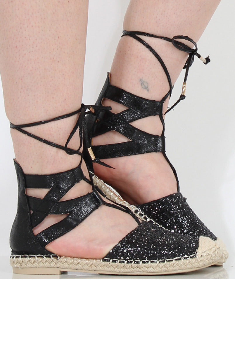 Black Glitter Lace Up Espadrilles - Sahara