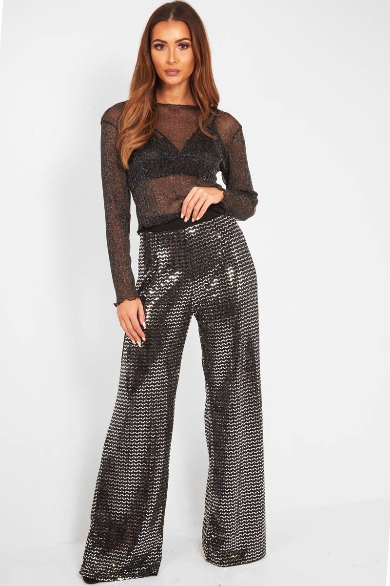 Black Glitter Mesh Long Sleeve Crop Top - Akila