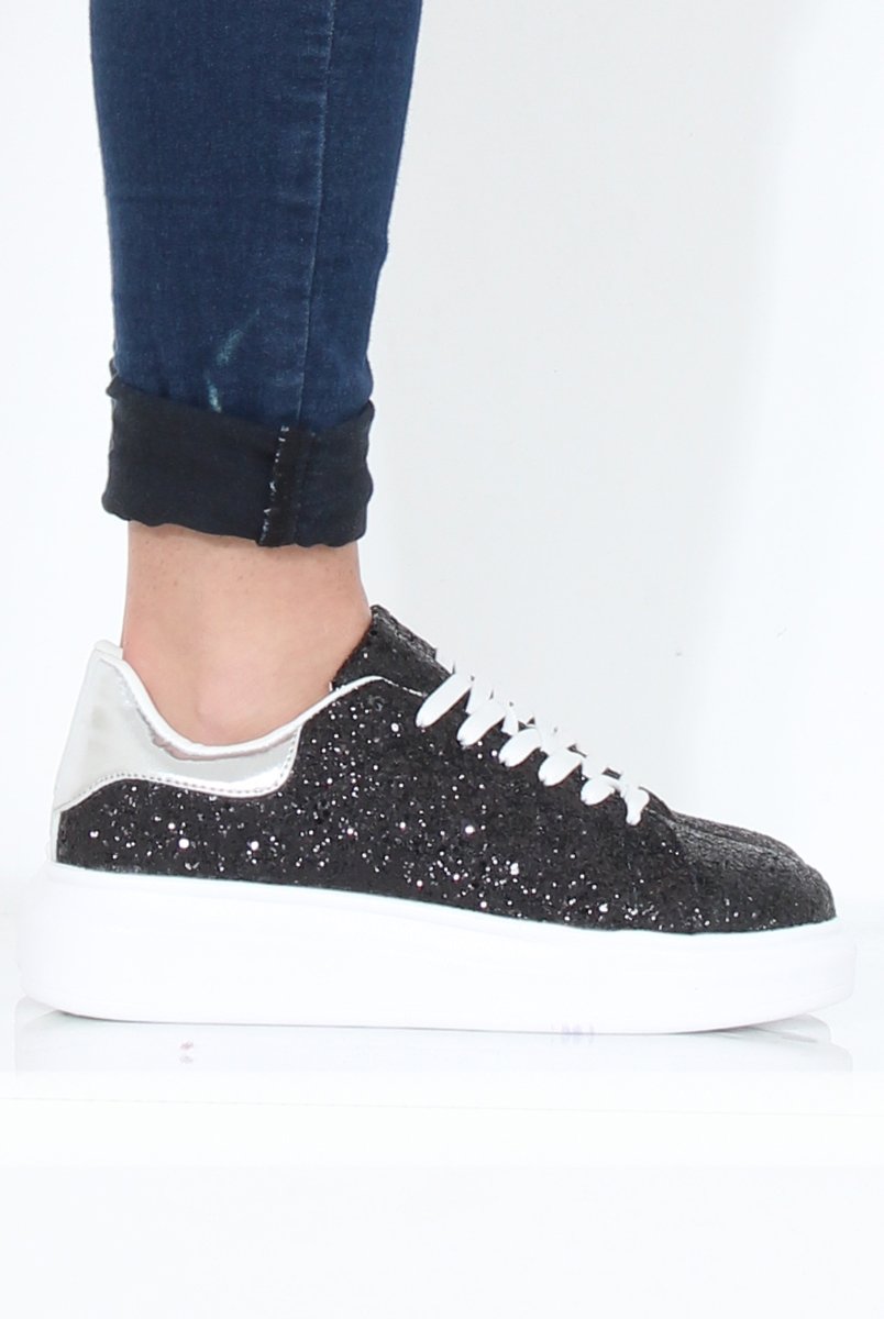 Black Glitter Platform Trainers - Erin