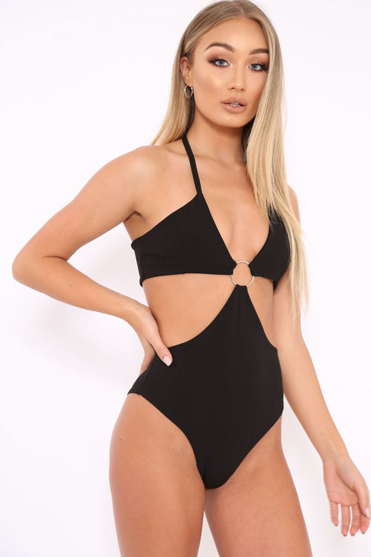 Black Wrap Over Front Cut Out Bandeau Bodysuit - Nikole