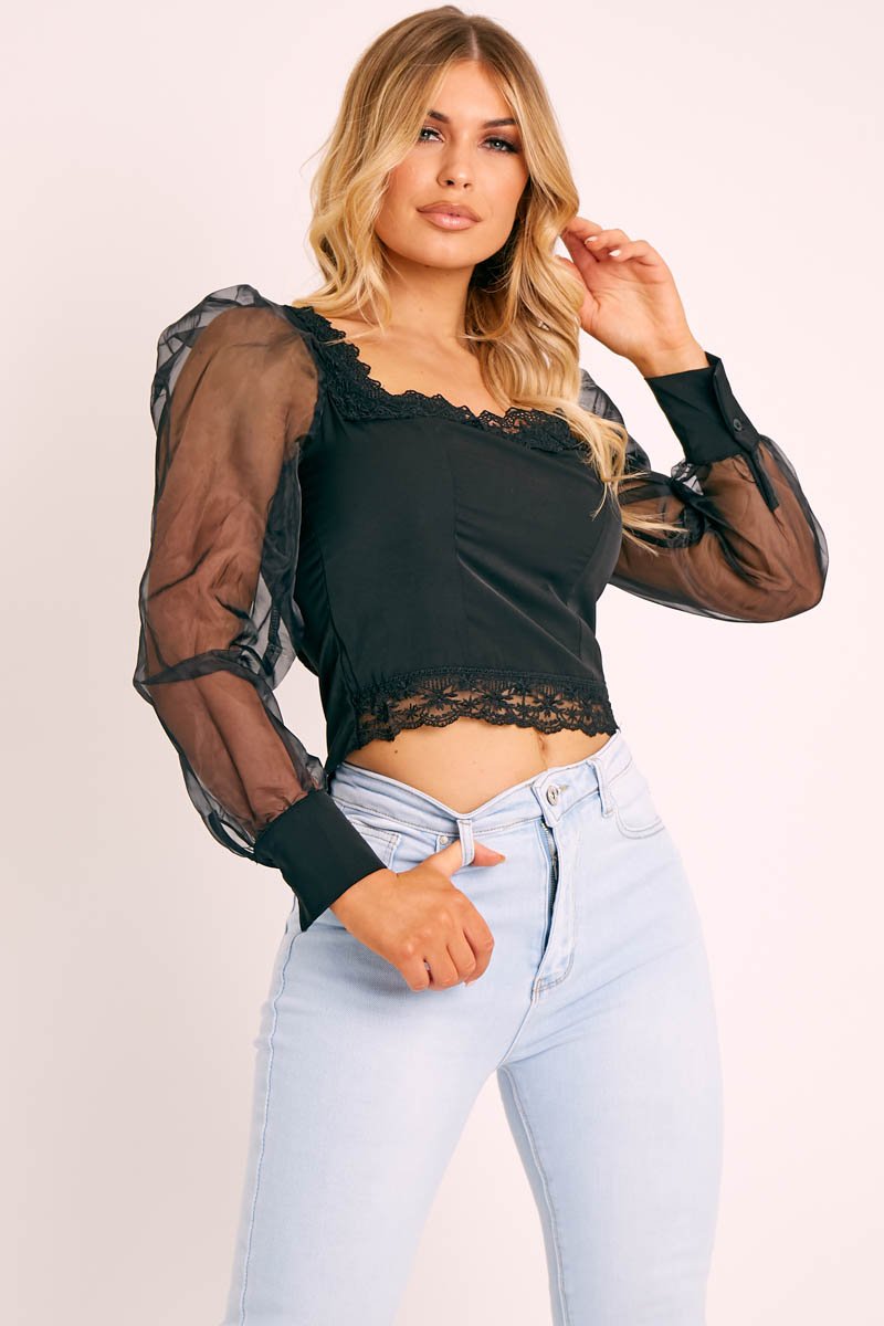 Black Lace Trim Puff Sleeve Crop Top - Bethan - Size 10