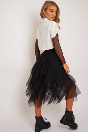 black layered tulle midi skirt