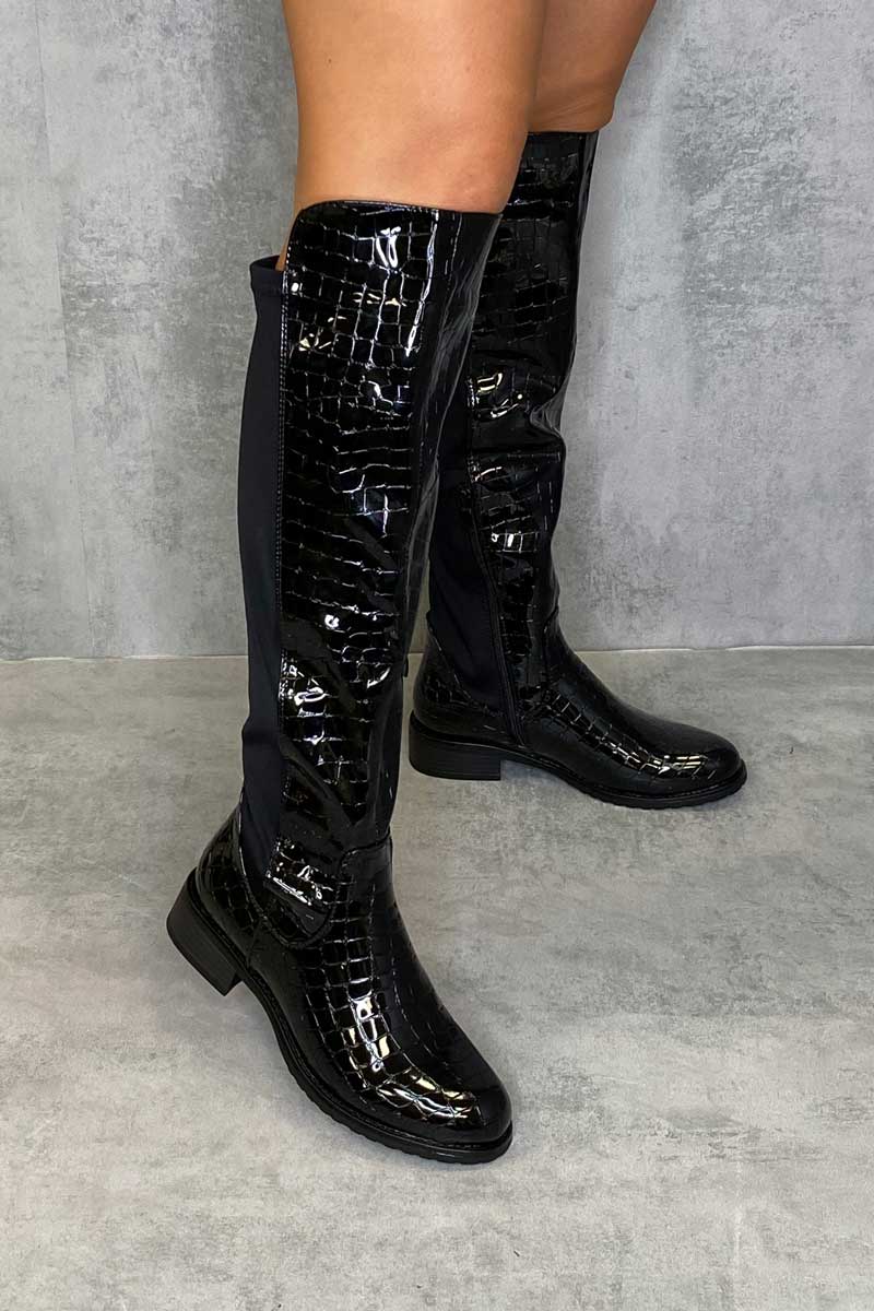 Black Patent Croc Knee High Flat Boots - Reginna – Rebellious Fashion