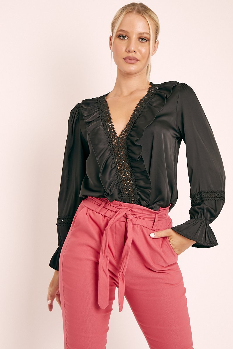 ASOS DESIGN plunge neckline top with lace in black