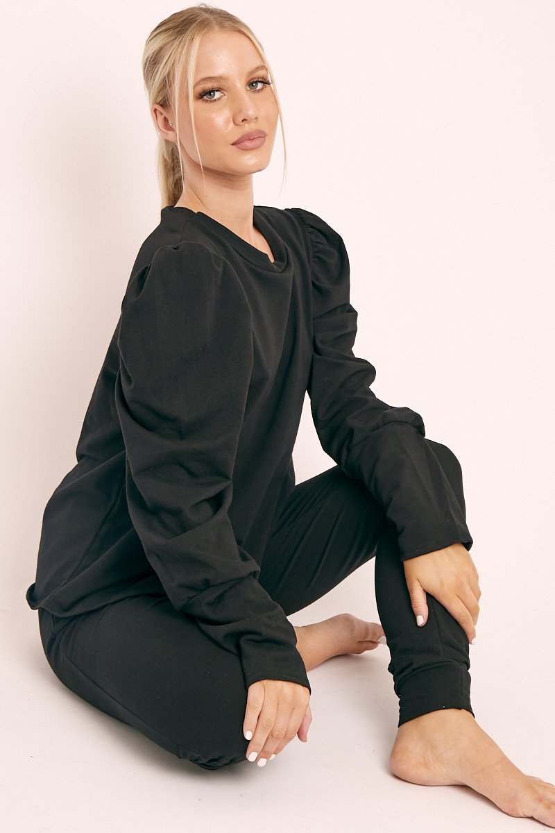 Black Puff Sleeve Loungewear Co-ord - Harley - One Size