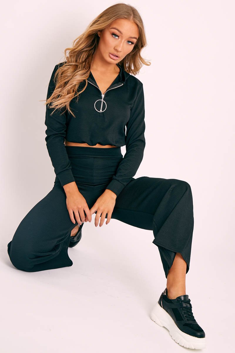 Black Ribbed Ring Pull Zip Loungewear Co-ord - Candace - Size 12/14