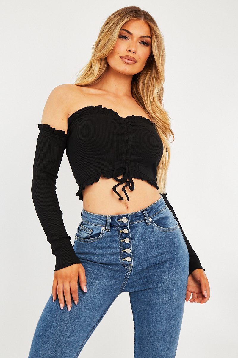 Black Ribbed Ruched Centre Crop Top - Tessla - Size 8