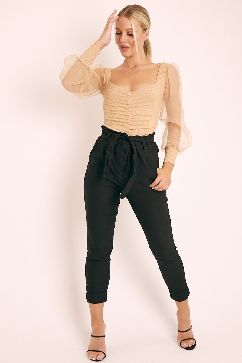 Black Paperbag Waist Tapered Trousers  New Look