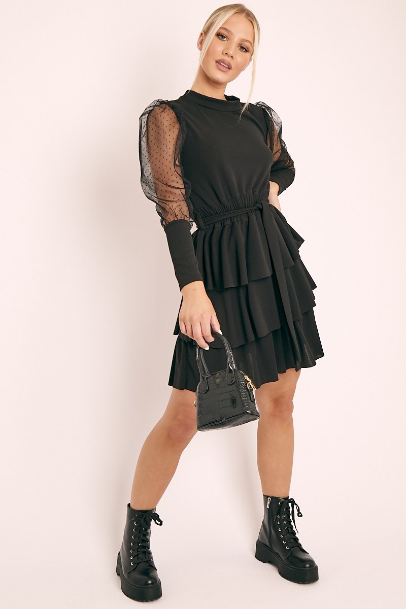 Black Tiered Skirt Belted Dress - Cassia - One Size