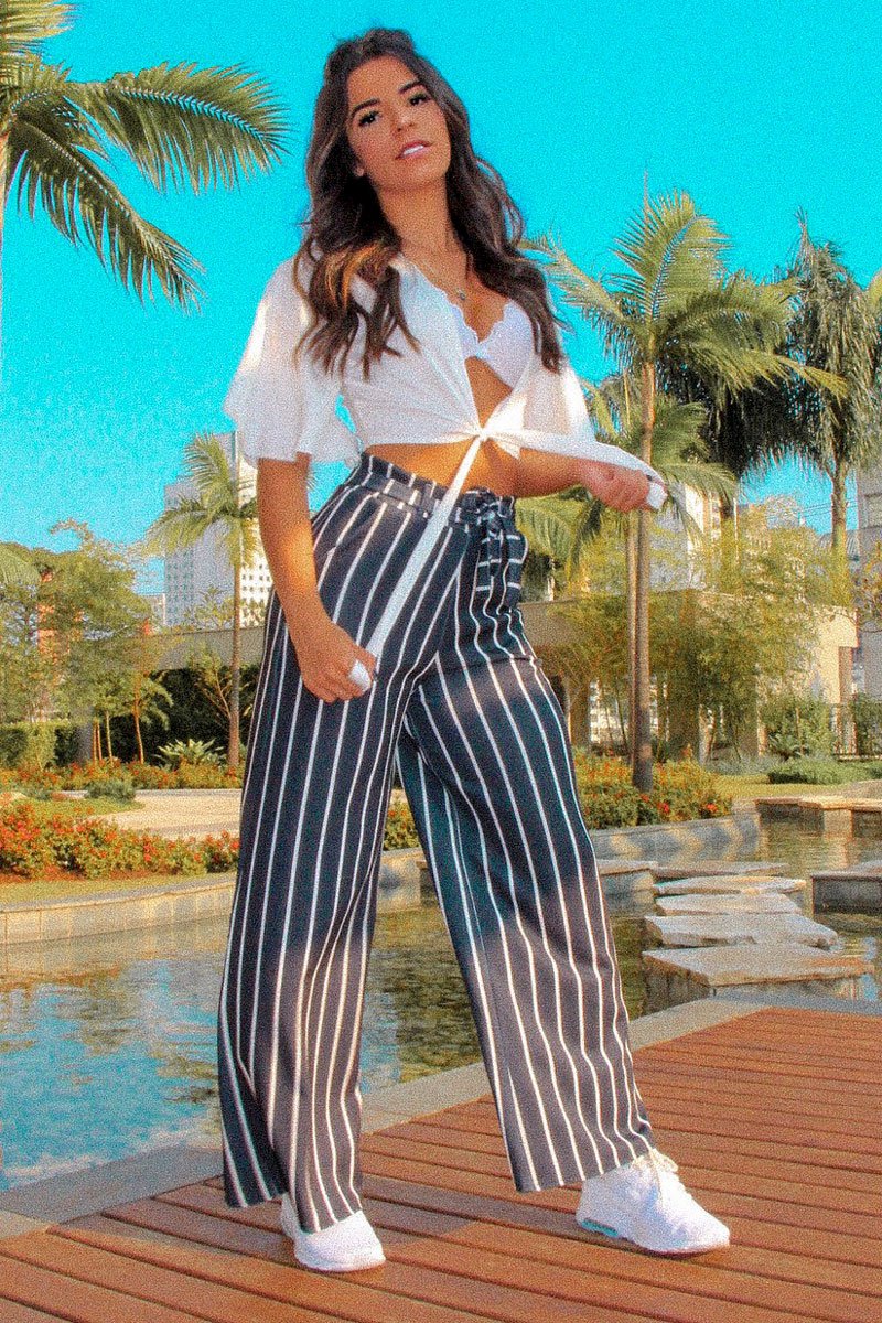 Black & White Stripe Tie Belt Trousers - Twisha