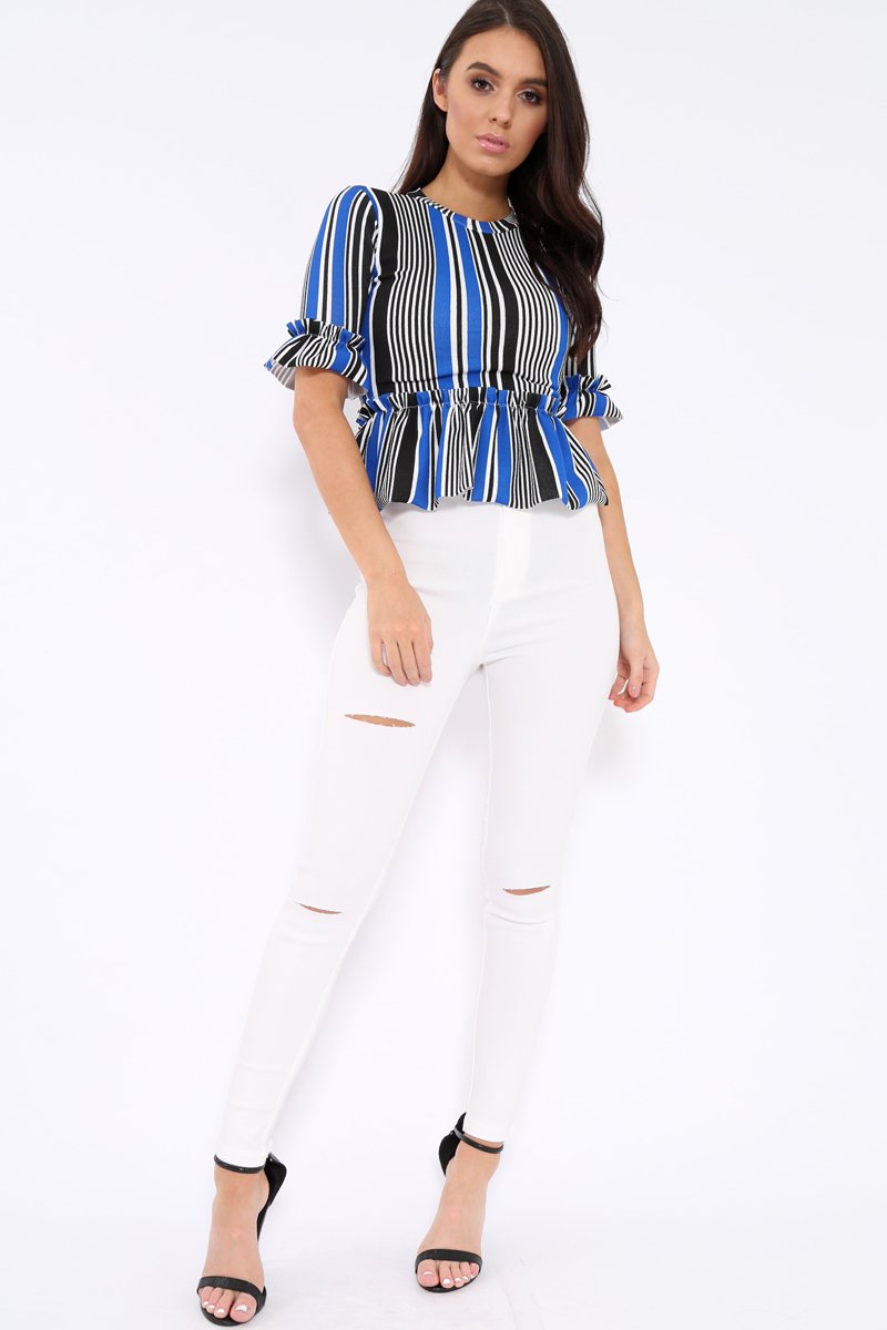 Black and Blue Stripe Ruffle Peplum Top - Kyriee