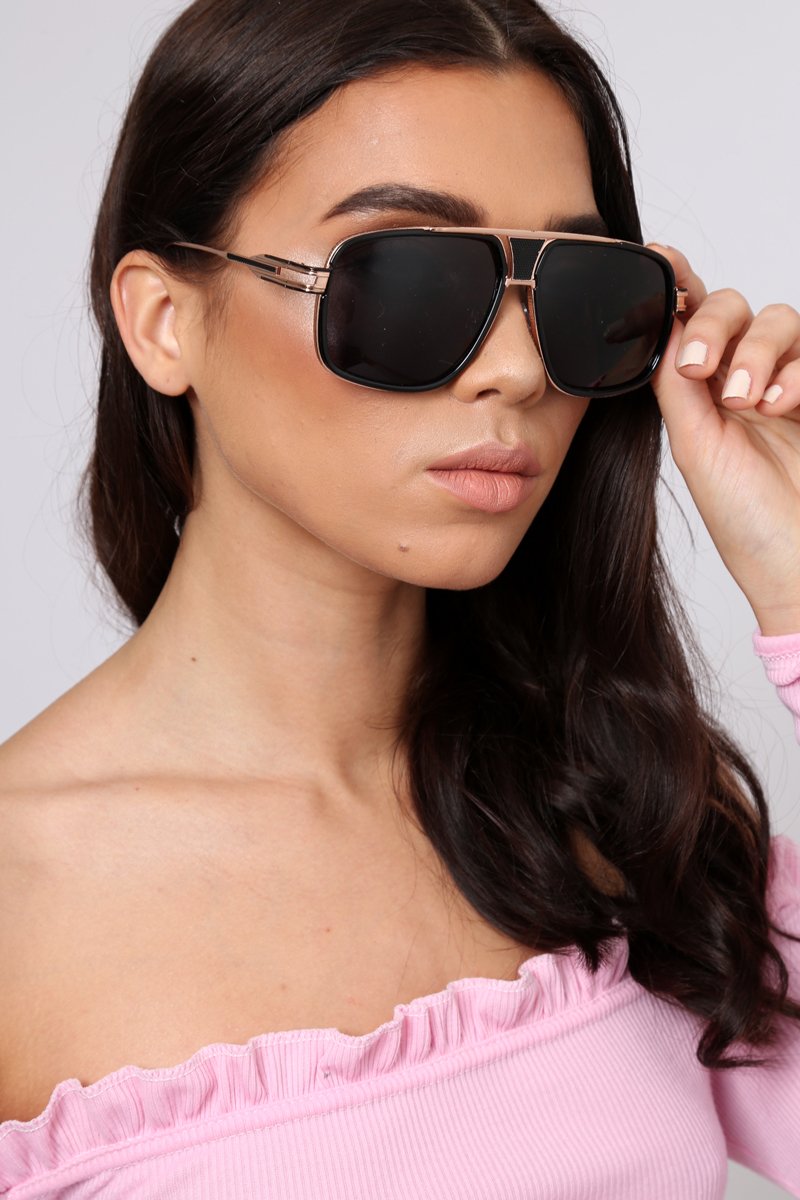 Black and Copper Aviator Style Sunglasses - Rettie