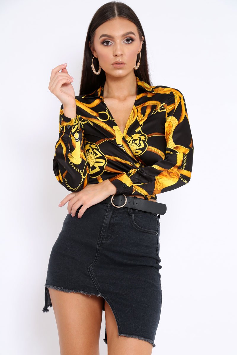 Black and Gold Baroque Print Tie Front Crop Top - Aden