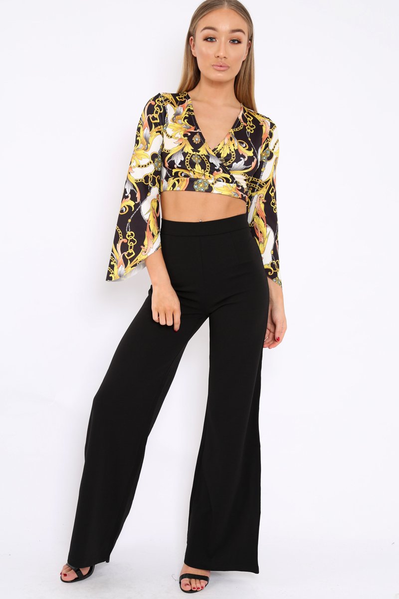 Black and Gold Chain Print Crop Top with Flare Sleeves - Wanda