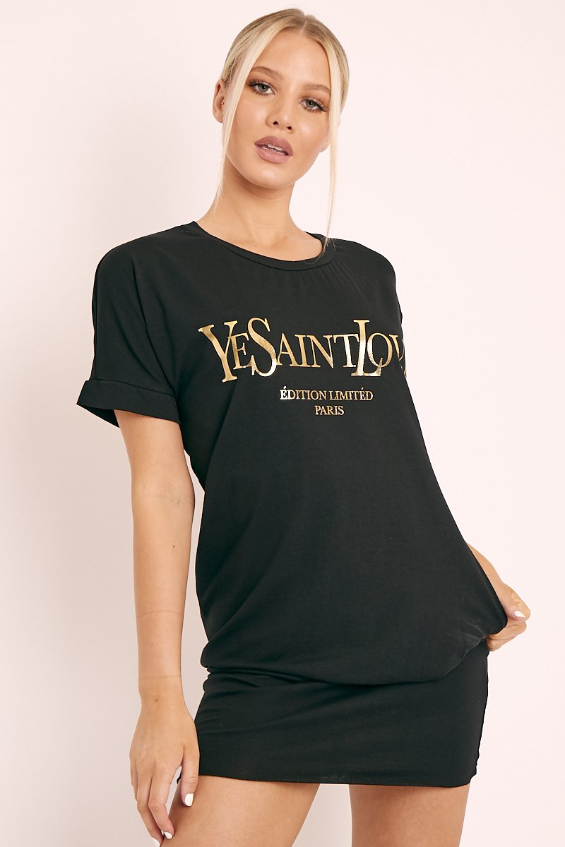 Black and Gold Parisian Slogan T-shirt Dress - Claire