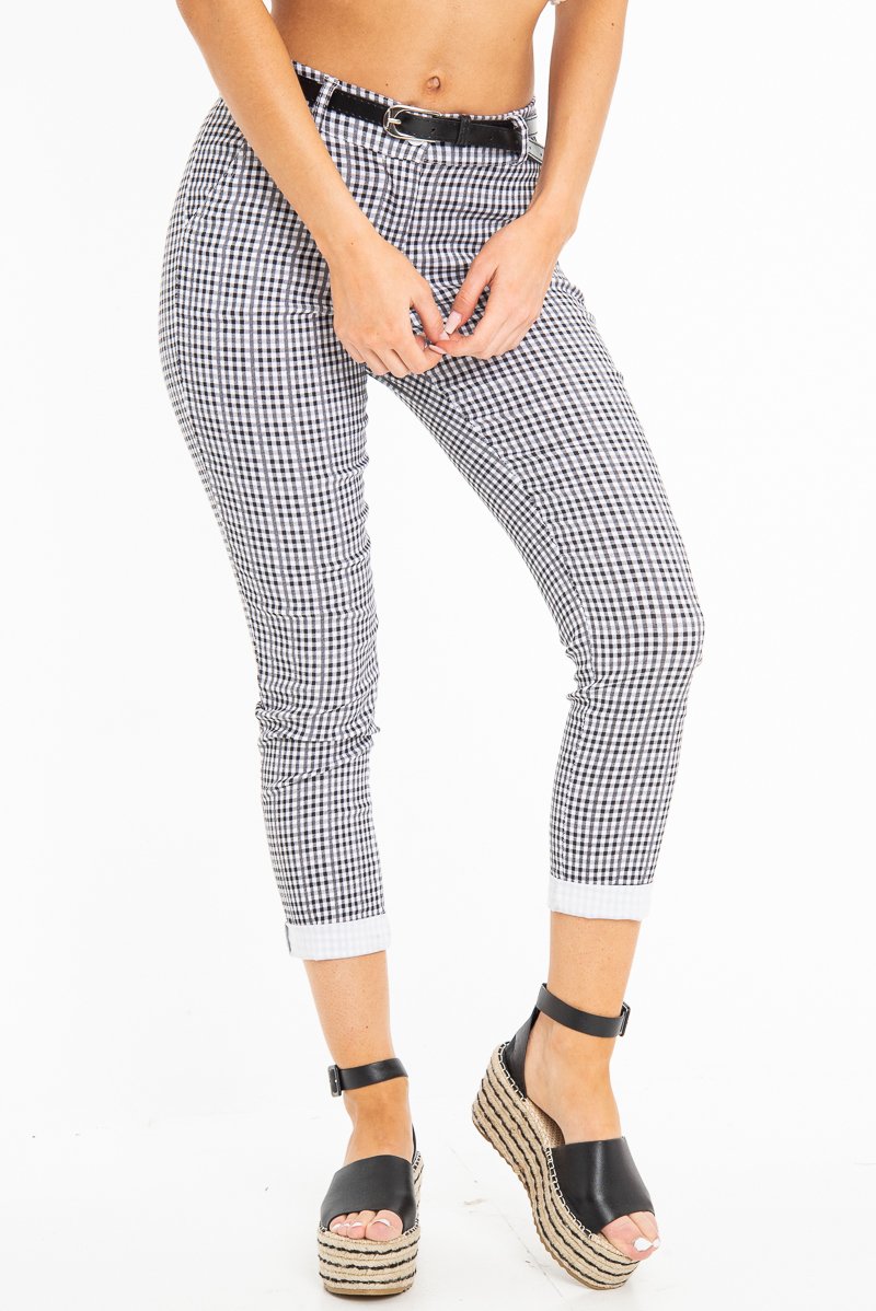 Black and White Check Belted Tapered Trousers - Kierra