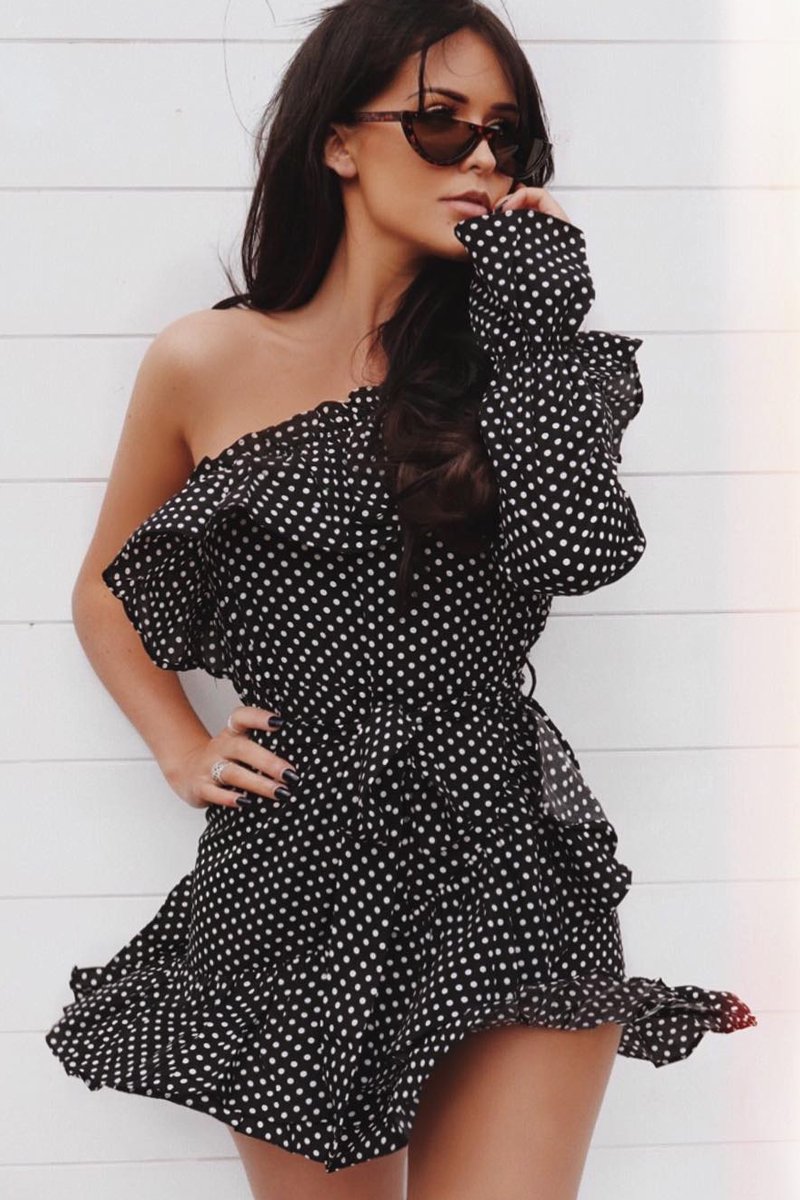 Black and White Polka Dot One Shoulder Frill Dress - Zyann