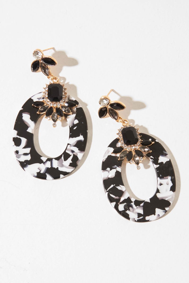 Black and White Resin Drop Embellished Earrings - Nina