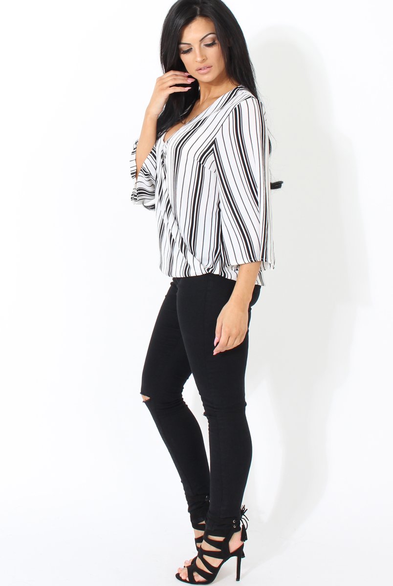 Black and White Stripe Cross over Front Detail Top- Tasha