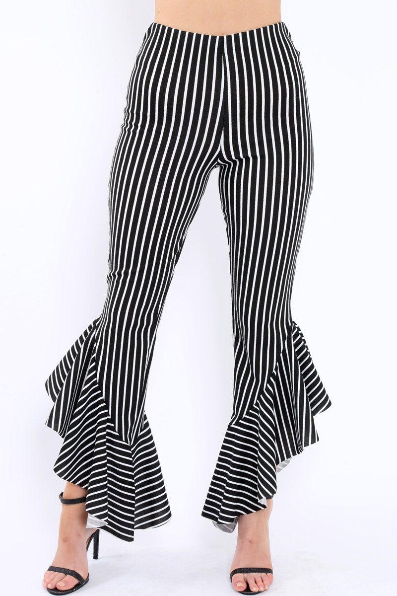 Black and White Stripe Frill Hem Trousers - Ashlie