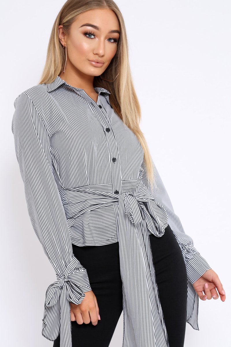 Black and White Stripe Tie Shirt - Jenica