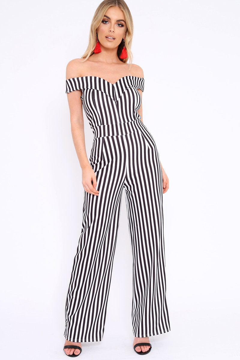 Black and White Stripe V Neck Bardot Jumpsuit - Mallorie