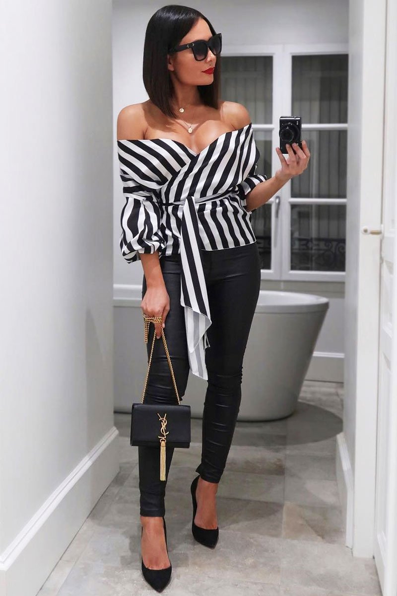 Black and White Striped Plunge Top with Ruched Sleeves - Semaya