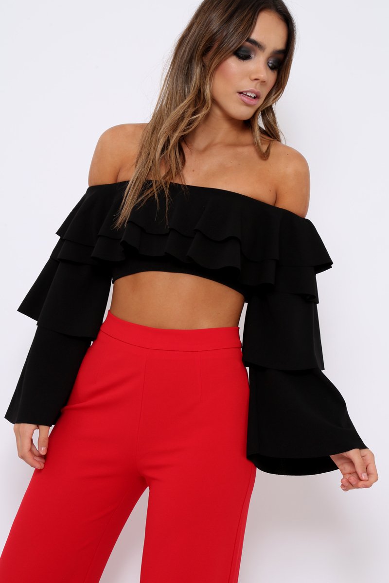 Black extreme Layered Frill Bardot Crop Top - Nevaeh