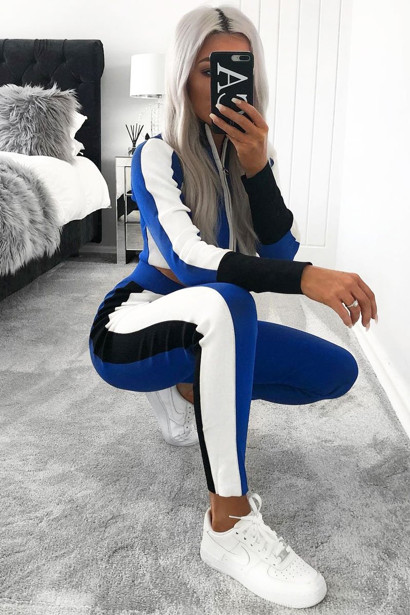 blue tracksuit with white stripes