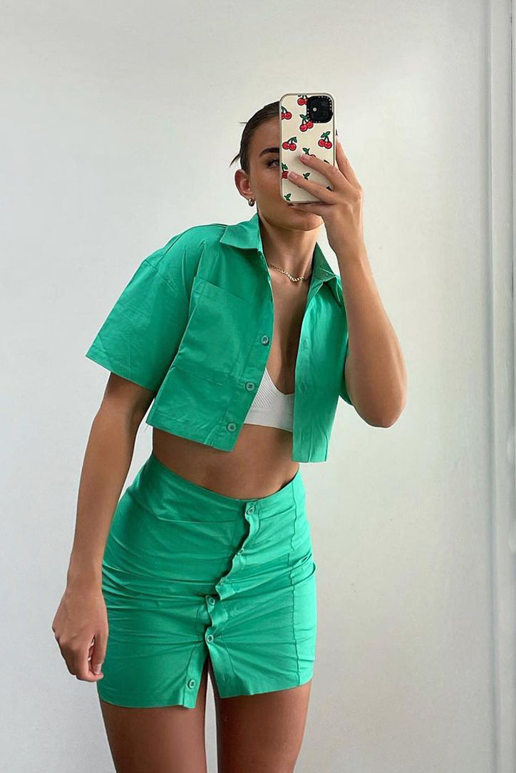Green Cropped Shirt & Mini Skirt Set - Cathy - Size 8