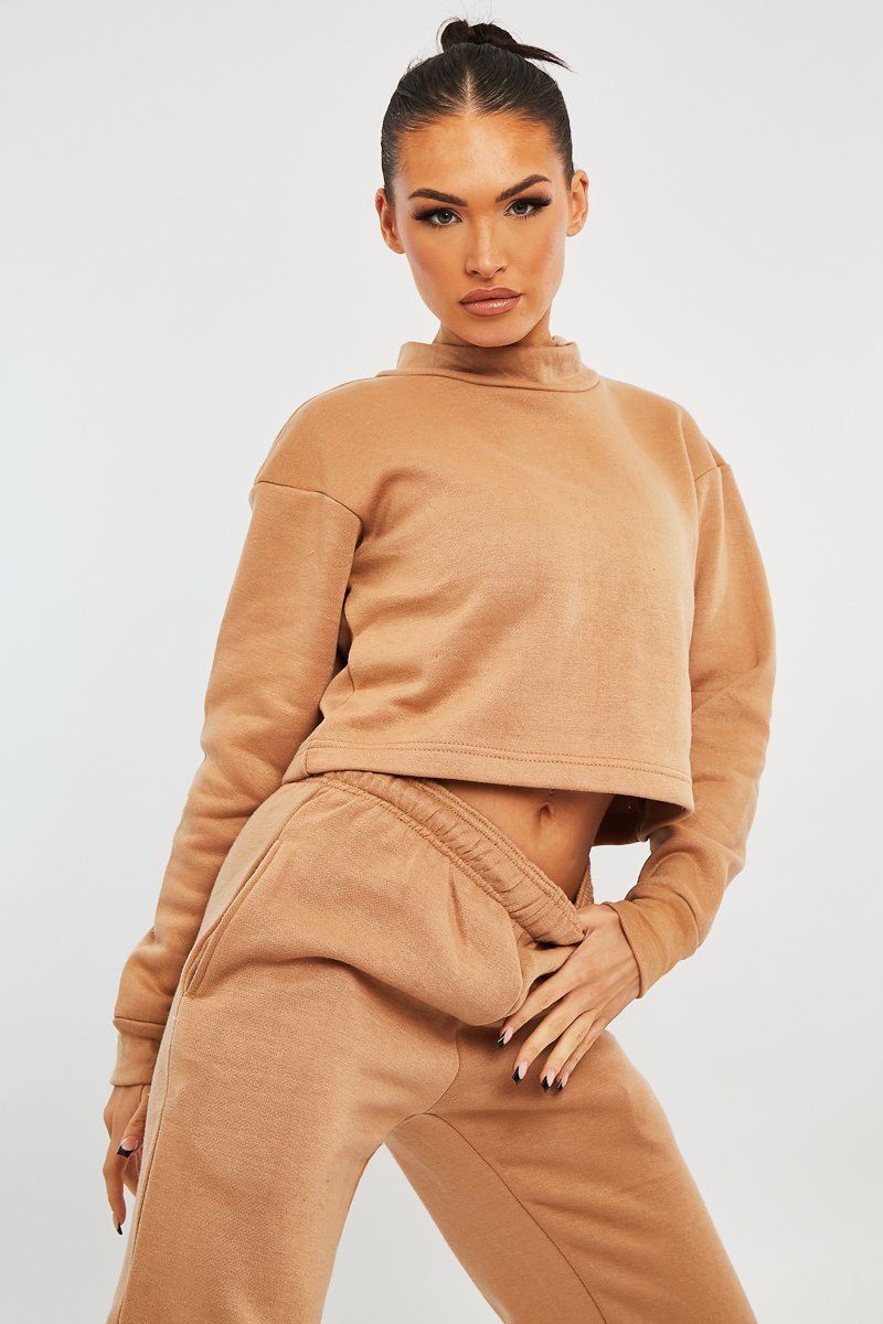 Camel High Neck Cropped Sweatshirt - Orli - Size 14