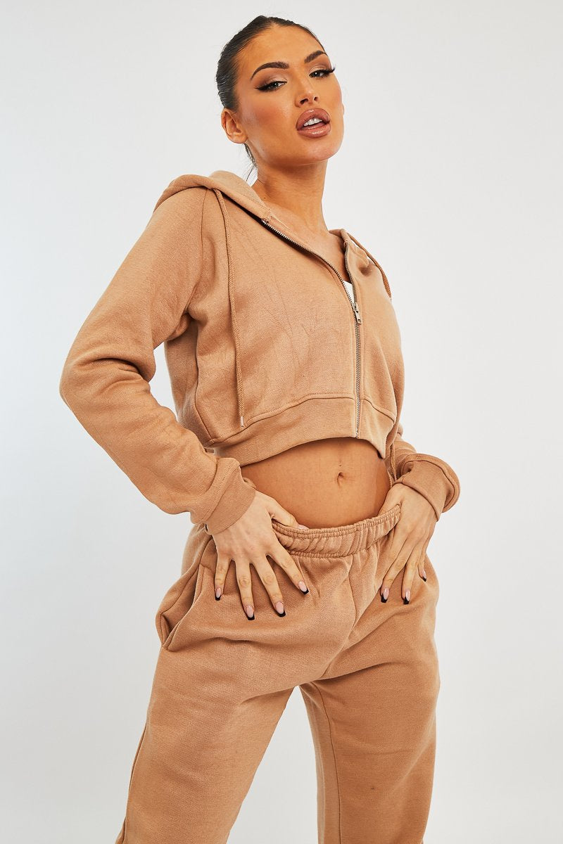 Camel Zip Up Cropped Hoodie - Skarlet - Size 16