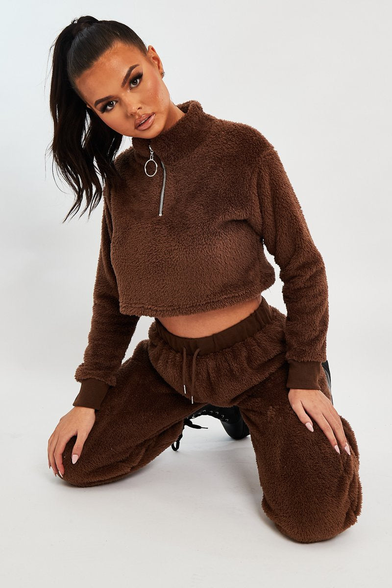 Chocolate Cropped Zip Front Teddy Jumper - Brady - Size 8