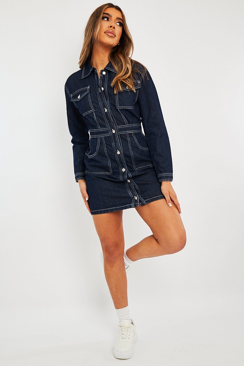 Dark Blue Long Sleeve Denim Mini Dress - Connie – Rebellious Fashion