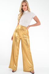 Gold Metallic Tie Waist Wide Leg Pants