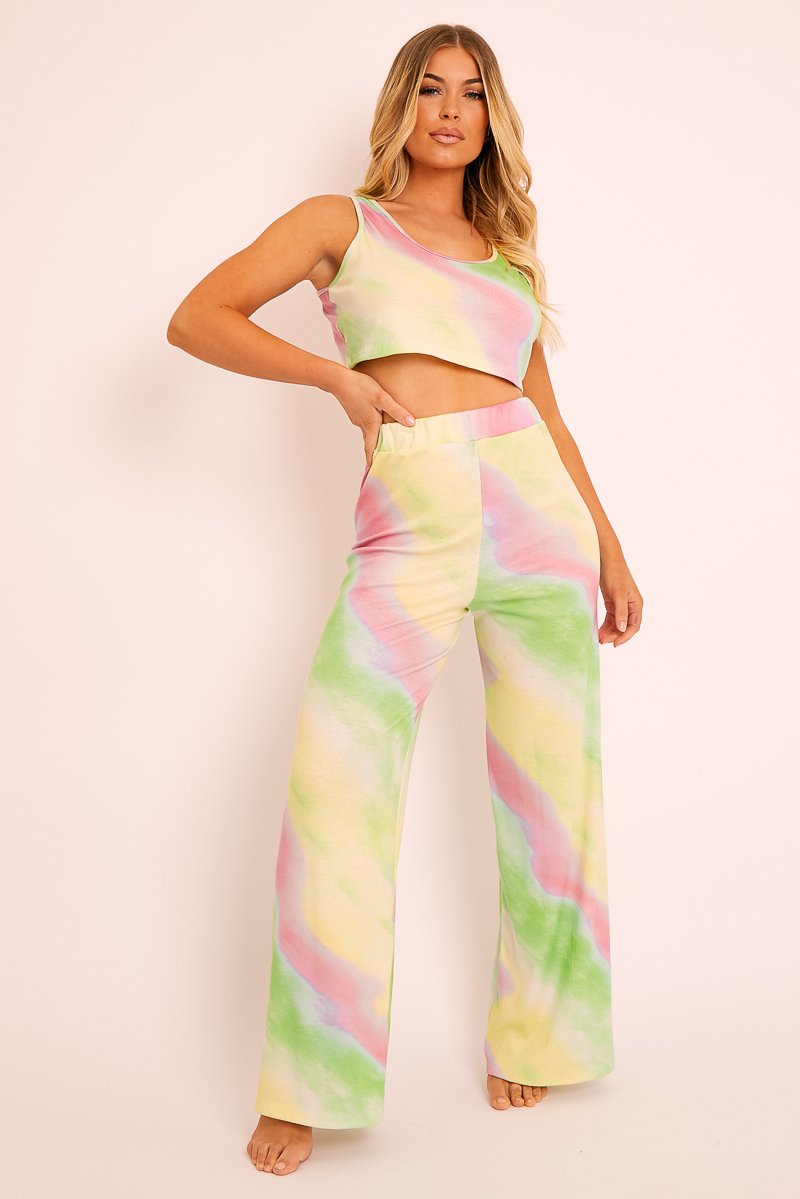 Green Tie-Dye Ribbed Vest Loungewear Co-ord - Alaire - Size 8
