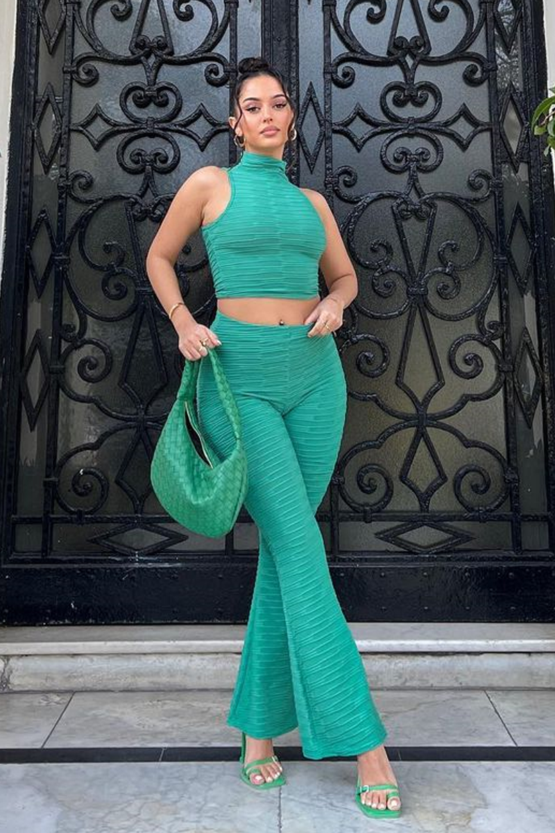 Green High Neck Crop Top & Flare Pants Set - Dailyn - Size 8