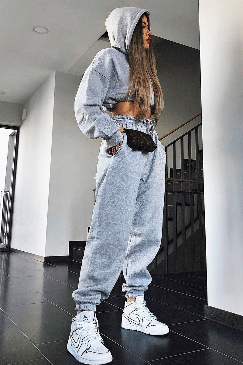 Grey Cropped Oversized Hoodie and Joggers Co-ord - Karenza - Size 12/14