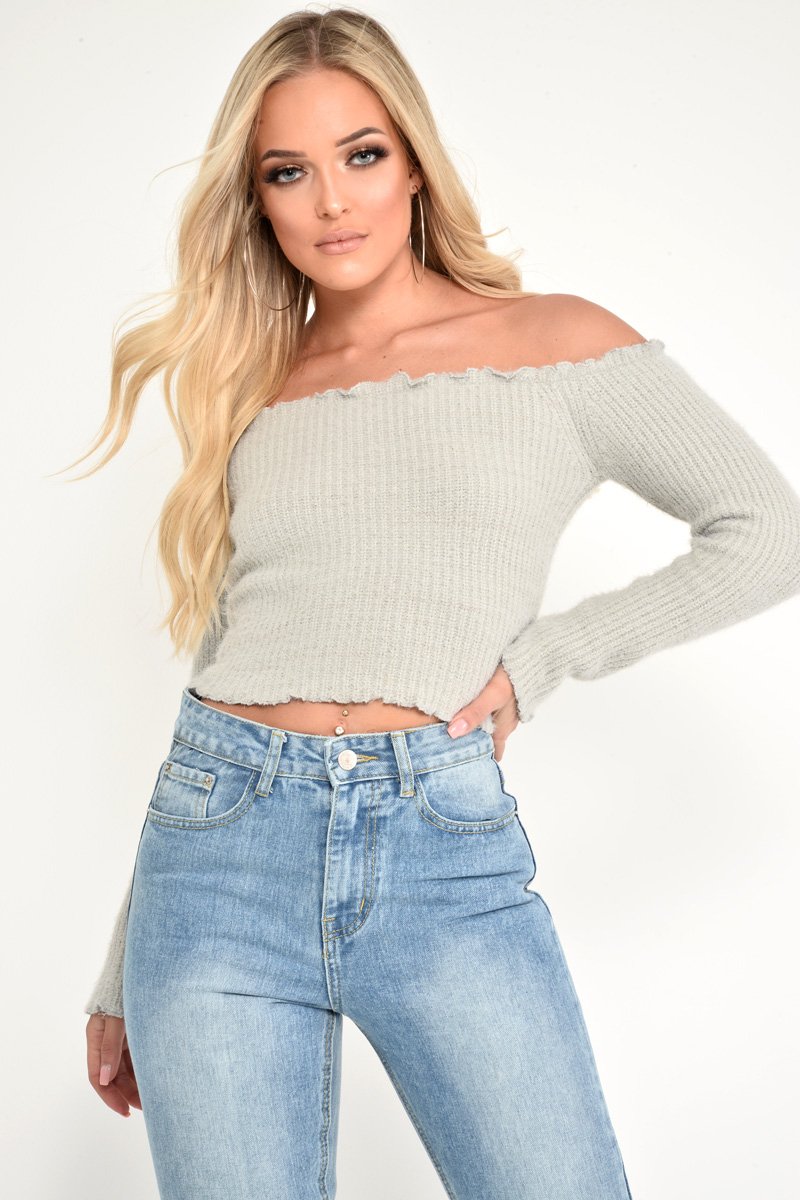 Grey Soft Knit Bardot Crop Jumper - Sidnee