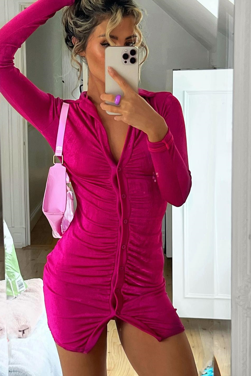 Hot Pink Acetate Slinky Gathered Front Shirt Dress - Gia - Size 8