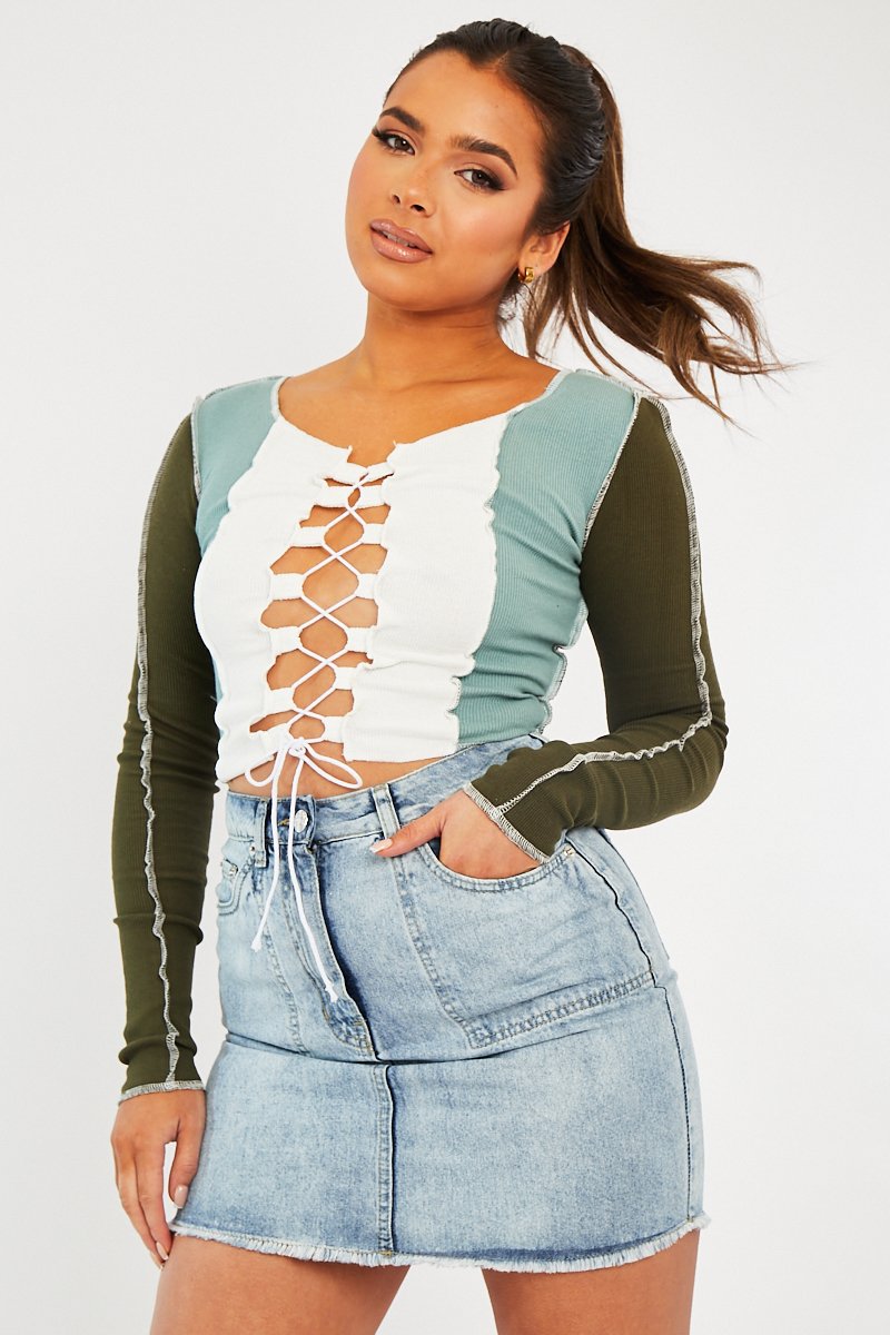 Khaki Colour Block Lace Up Front Crop Top - Bella - Size 8