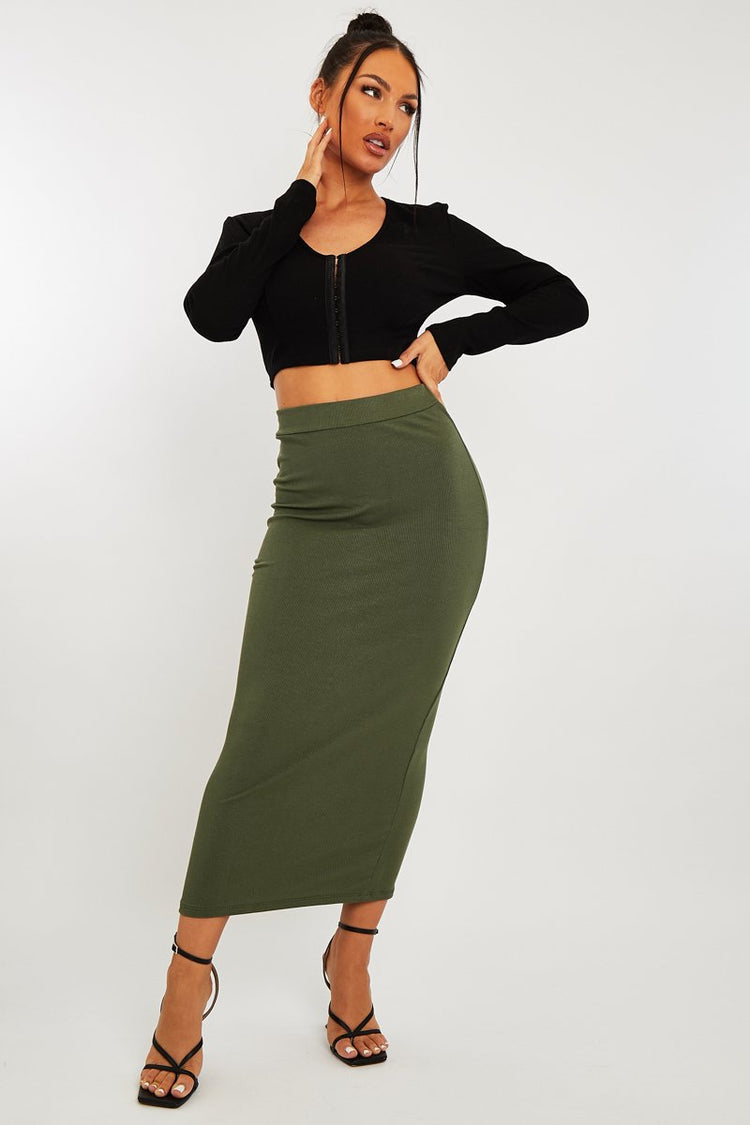 Khaki Ribbed Midi Skirt - Dixie