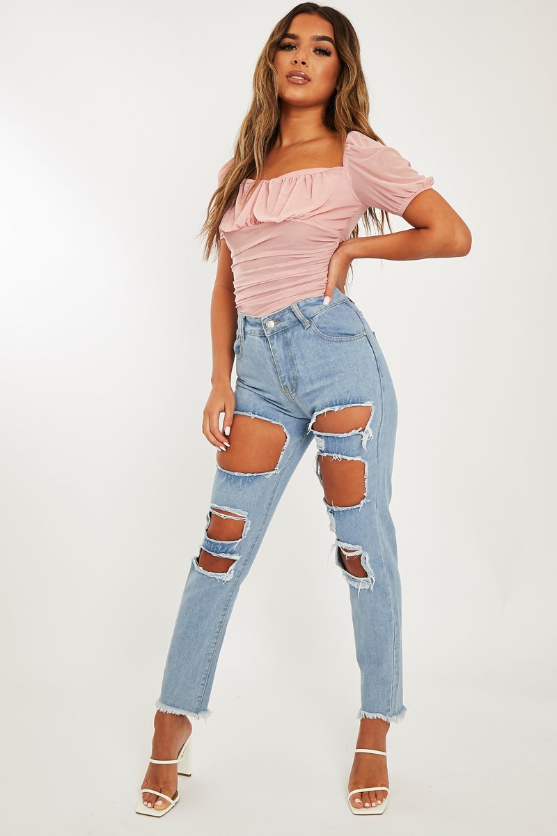 Light Blue Distressed Rip Frayed Straight Mom Jeans - Erin – Rebellious ...