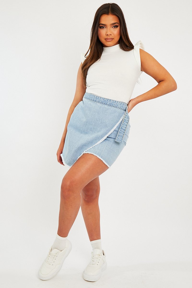 Light Blue Wrap Ring Fastening Denim Mini Skirt - Hestia - Size 10