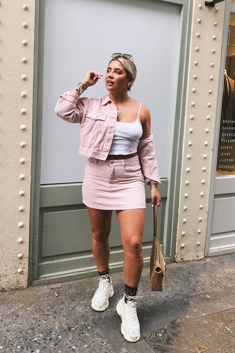 Light Pink Denim Skirt and Jacket Co-ord - Viola – Rebellious Fashion