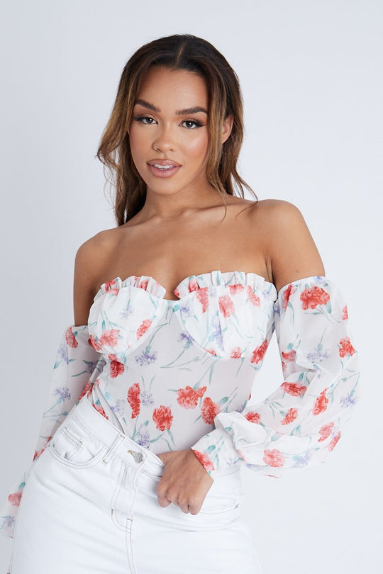 FLORAL COLLARED BODYSUIT - Light ecru