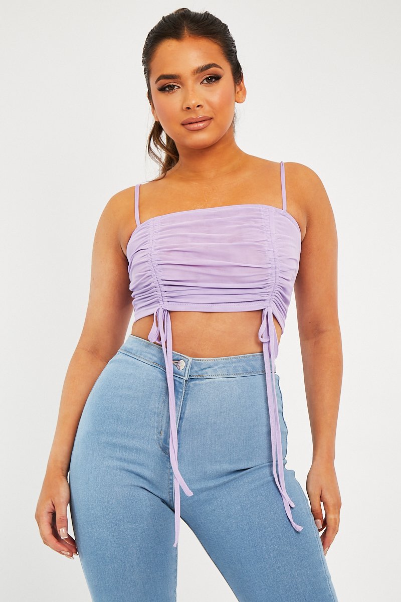 Lilac Mesh Ruched Square Neck Crop Top - Leyna - Size 8